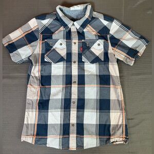 Levi’s Boys Plaid Western Shirt Large Blue Gray Orange Snap Front Short Sleeve